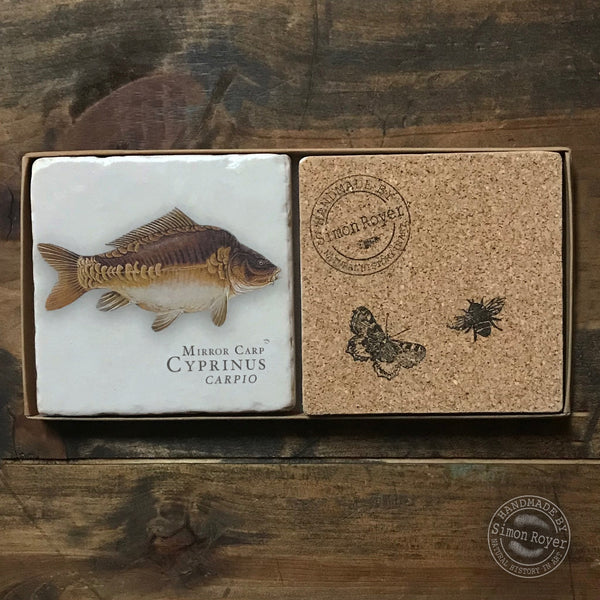 'A pair of Carp and Tortoiseshell Butterfly Tumbled Marble Coasters by simon royer.'