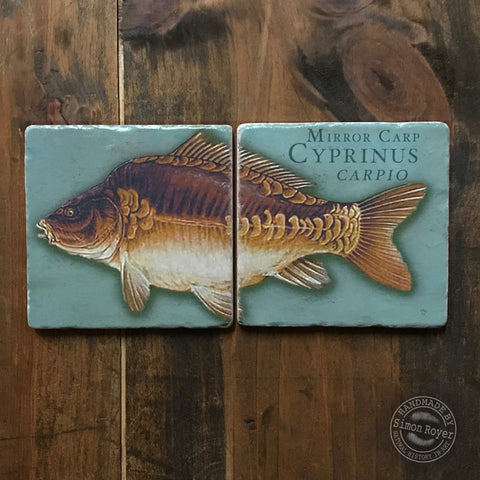 'Pair of Mirror Carp Tumbled Marble Coasters by simon royer.'