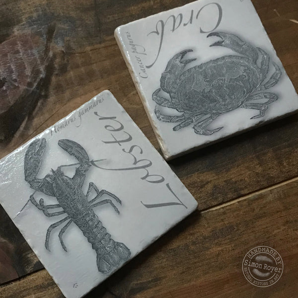 'Lobster & Crab Archive Tumbled Marble Coasters by simon royer.'
