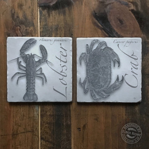 'Lobster & Crab Archive Tumbled Marble Coasters by simon royer.'