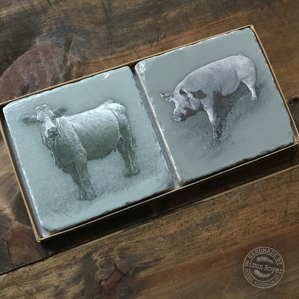'Farm Tumbled Marble Coasters with Welsh Sow and Charolais Cow by simon royer.'
