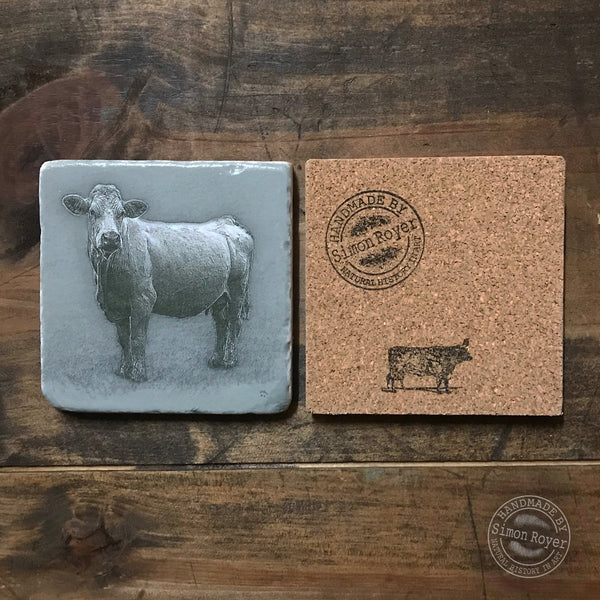 'Farm Tumbled Marble Coasters with Welsh Sow and Charolais Cow by simon royer.'