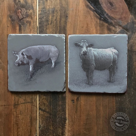 'Farm Tumbled Marble Coasters with Welsh Sow and Charolais Cow by simon royer.'