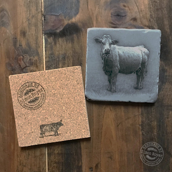 'Farm Tumbled Marble Coasters with Welsh Sow and Charolais Cow by simon royer.'