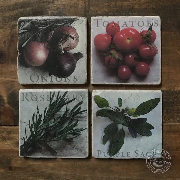 'Garden Herbs Tumbled Marble Coasters by simon royer.'