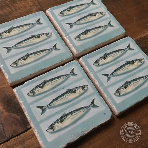 'Mackerel 3 Fish Tumbled Marble Coasters by simon royer.'