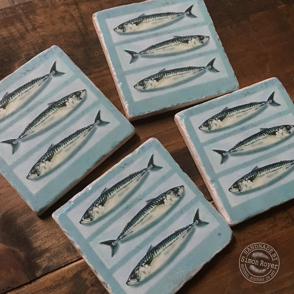 'Mackerel 3 Fish Tumbled Marble Coasters by simon royer.'