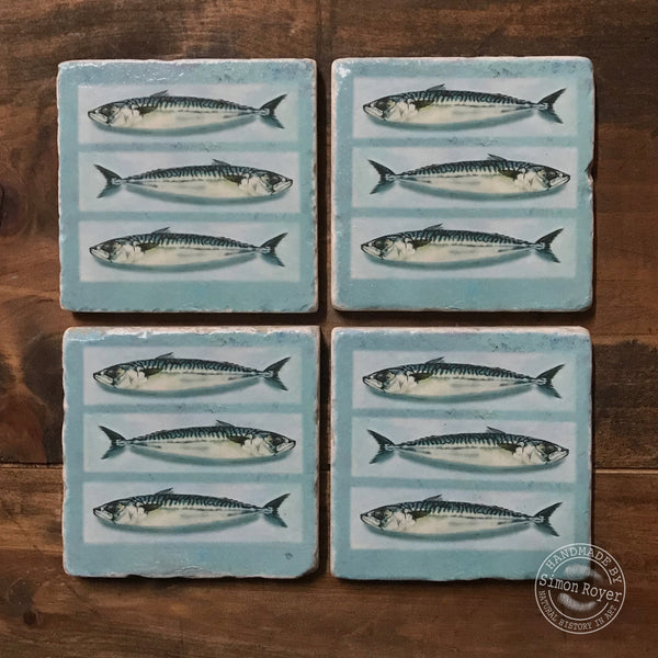 'Mackerel 3 Fish Tumbled Marble Coasters by simon royer.'