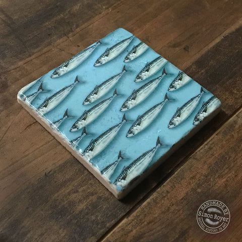 'Mackerel School single Tumbled Marble Coaster by simon royer.'