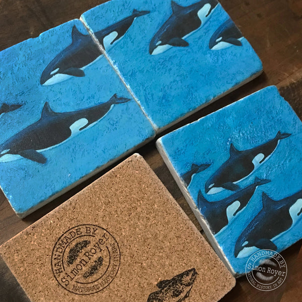 'Orca Pod Split Tumbled Marble Coasters by simon royer.'
