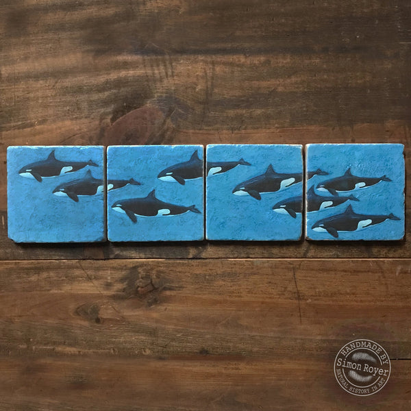 'Orca Pod Split Tumbled Marble Coasters by simon royer.'