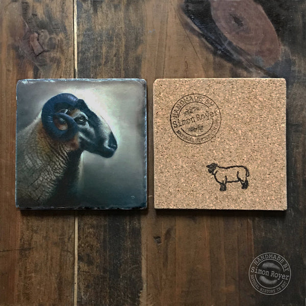 'Badger Face and Jacob Ram Tumbled Coaster Pair by simon royer.'
