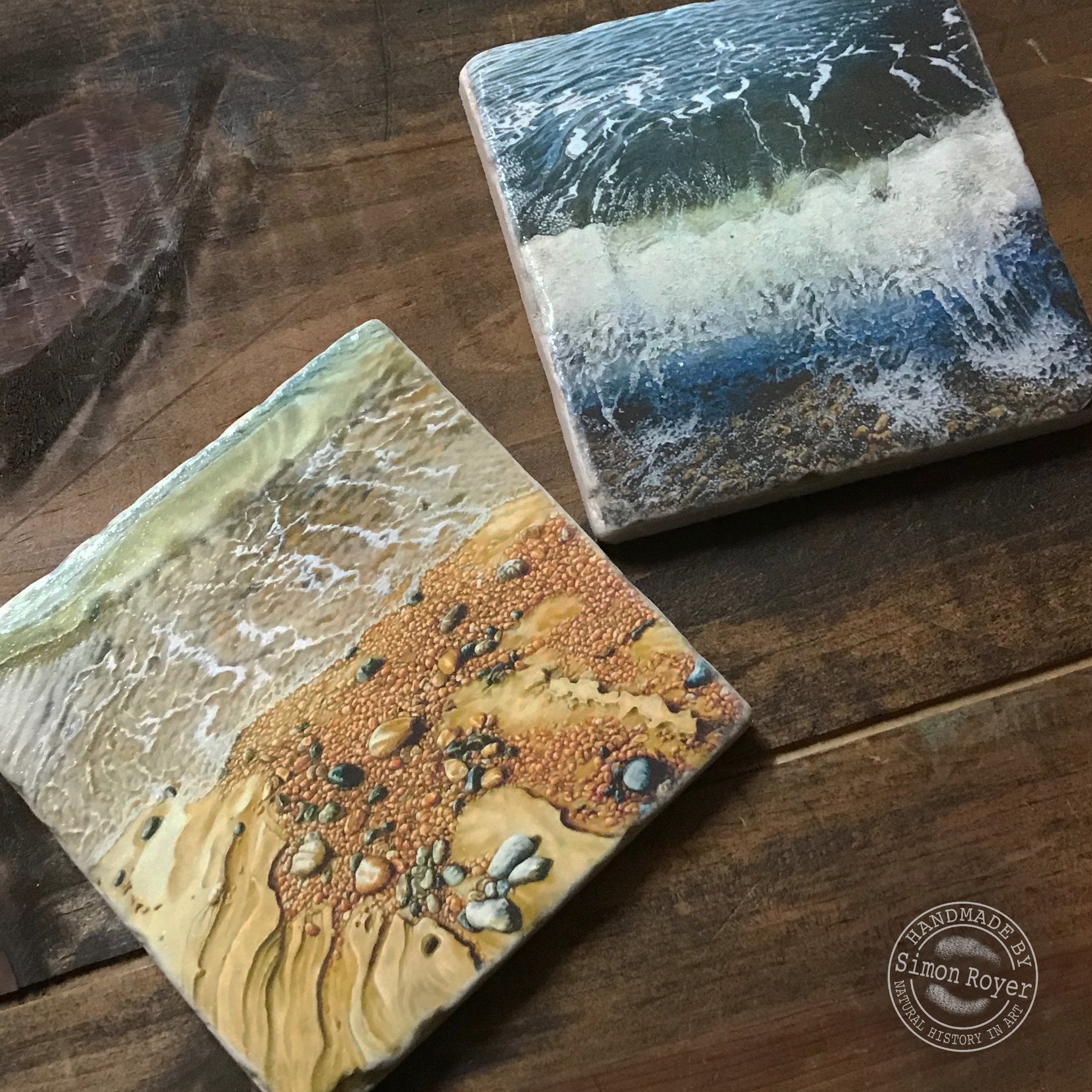'Pair of Coastal Beach Waves Tumbled Marble Coasters by simon royer.'