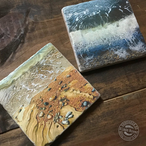 'Pair of Coastal Beach Waves Tumbled Marble Coasters by simon royer.'