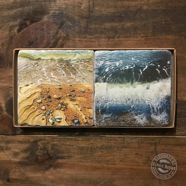 'Pair of Coastal Beach Waves Tumbled Marble Coasters boxed by simon royer.'