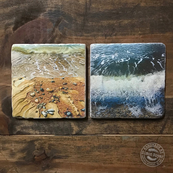 'Pair of Coastal Beach Waves Tumbled Marble Coasters by simon royer.'