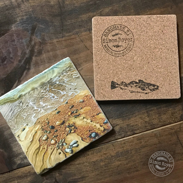 'Pair of Coastal Beach Waves Tumbled Marble Coasters by simon royer.'