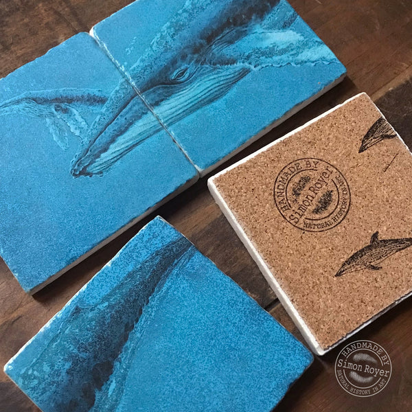 'Split Humpback Whale & Calf Tumbled Marble Coaster Set by simon royer.'