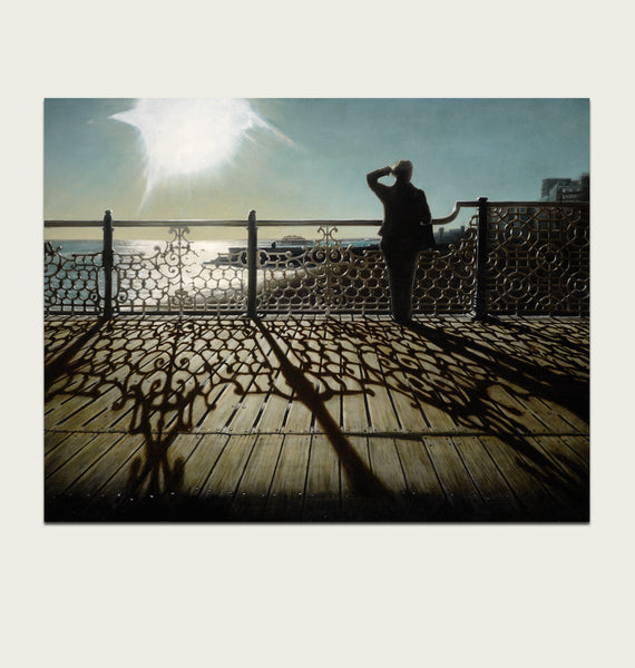 oil painting of a brighton pier, bright sunlight artist simon royer
