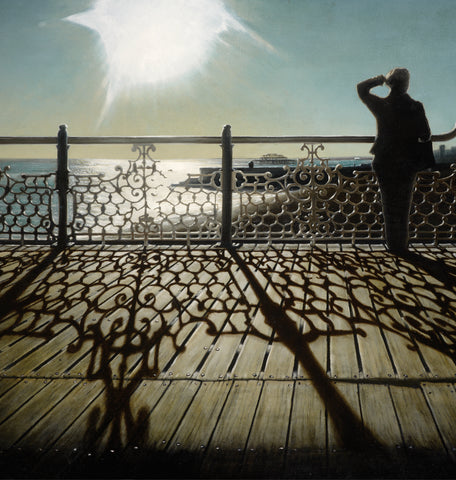 oil painting of a brighton pier, bright sunlight artist simon royer