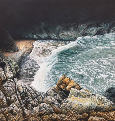 Oil painting Castell Bach Bay “Little Castle” Ceredigion coastal path - Cardigan Bay by artist simon royer.