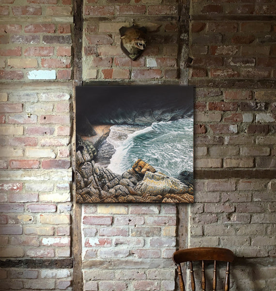 Hanging oil painting of Castell Bach Bay “Little Castle” Ceredigion coastal path - Cardigan Bay by artist simon royer.