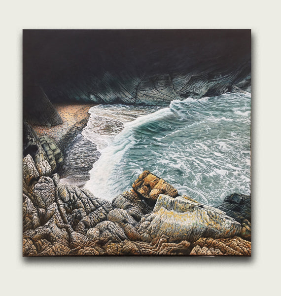 Oil painting of Castell Bach Bay “Little Castle” Ceredigion coastal path - Cardigan Bay by artist simon royer.