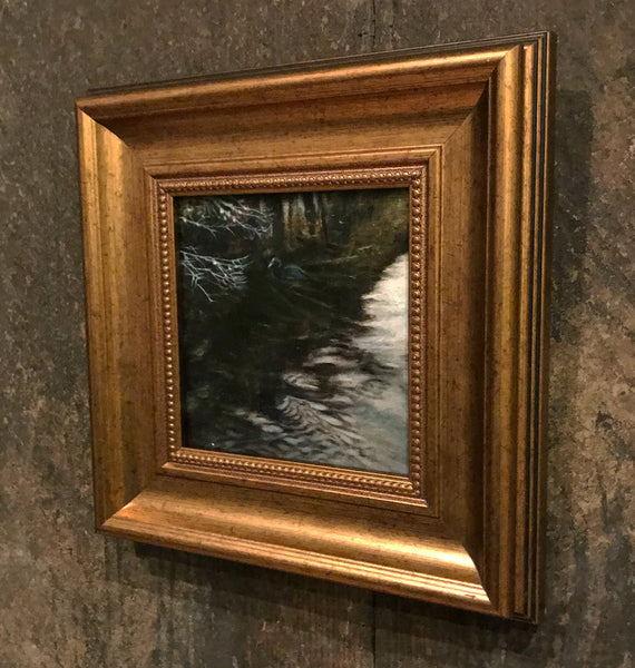 Framed oil painting of a coot on the edge of a river by artist simon royer.