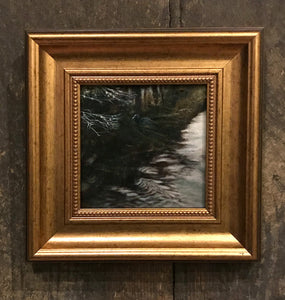 Oil painting of a coot on the edge of a river by artist simon royer.