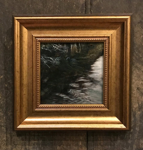 Oil painting of a coot on the edge of a river by artist simon royer.
