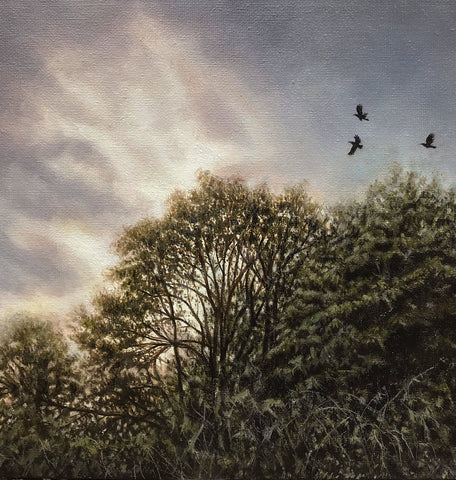Oil painting of Crows above the trees by artist simon royer.