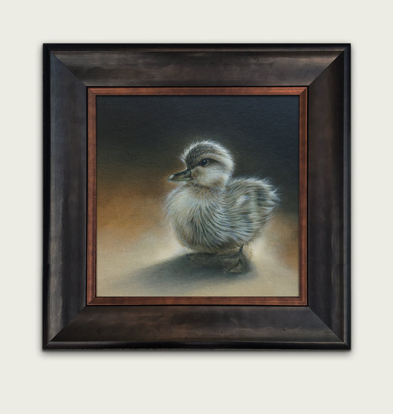 Framed oil painting of a duckling by artist simon royer.