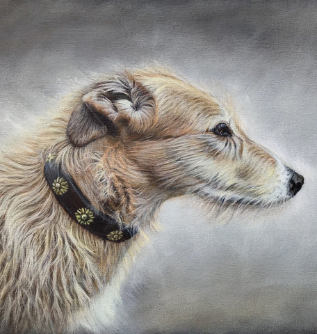 Portrait acrylic painting of a lurcher deerhound artist simon royer