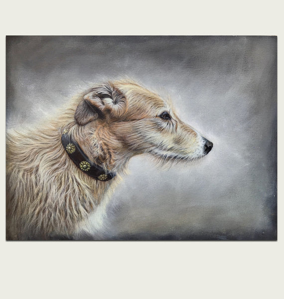 Portrait acrylic painting of a lurcher deerhound artist simon royer