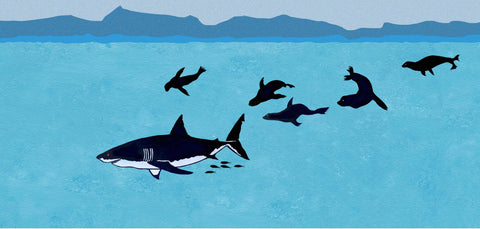 'Great White Shark and Fur Seals illustration by simon royer.'