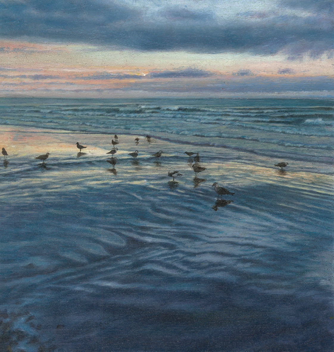 Oil painting of low tide at sunrise with seagulls by artist simon royer.
