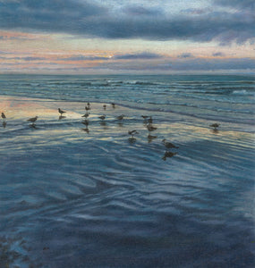 Oil painting of low tide at sunrise with seagulls by artist simon royer.
