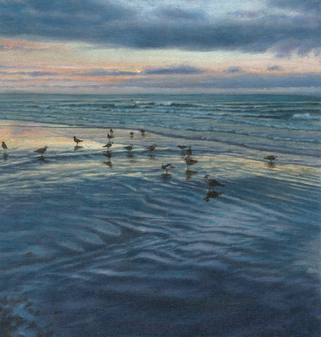 Oil painting of low tide at sunrise with seagulls by artist simon royer.