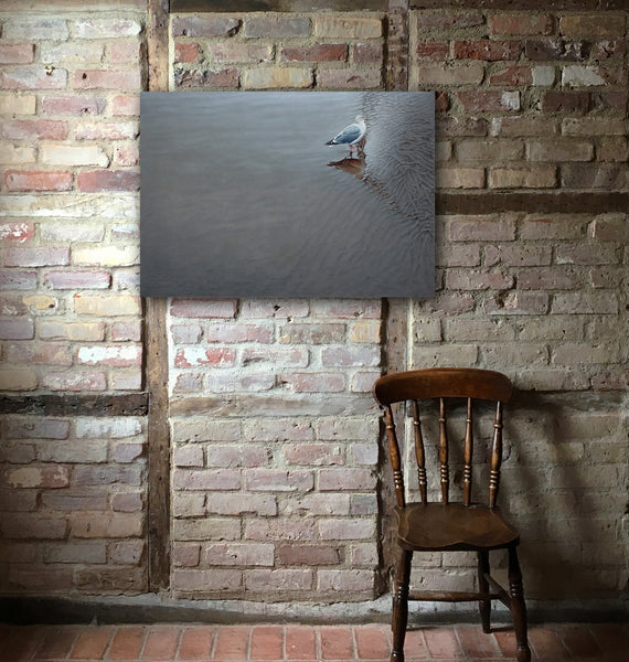 'Herring Gull on a beach framed oil painting by artist simon royer.'