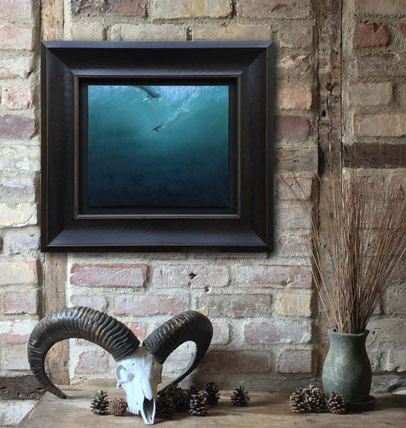 'Leopard Seal and Adélie Penguin oil painting framed by the artist simon royer.'