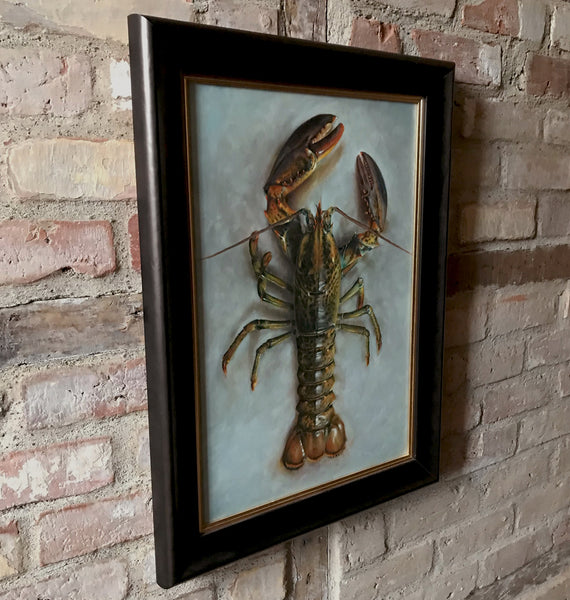 'Framed lobster still life oil painting by artist simon royer.'