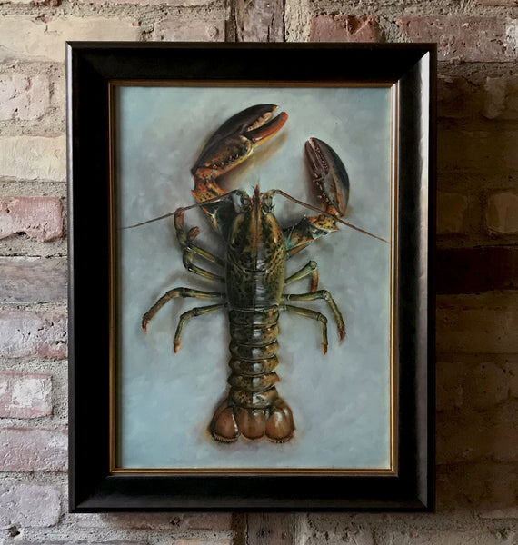 'Framed lobster still life oil painting by artist simon royer.'