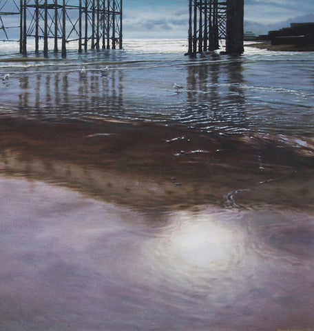 'Low tide under Brighton Pier oil painting by artist simon royer.'