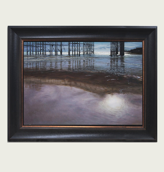 'Low tide under Brighton Pier framed oil painting by artist simon royer.'