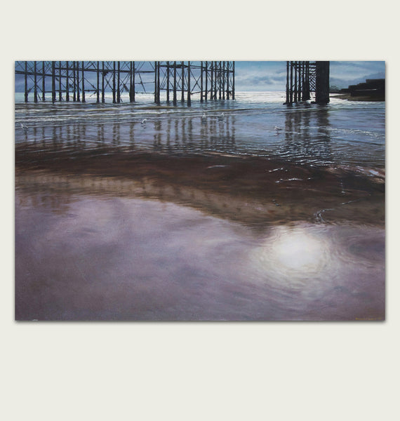 'Low tide under Brighton Pier oil painting by artist simon royer.'