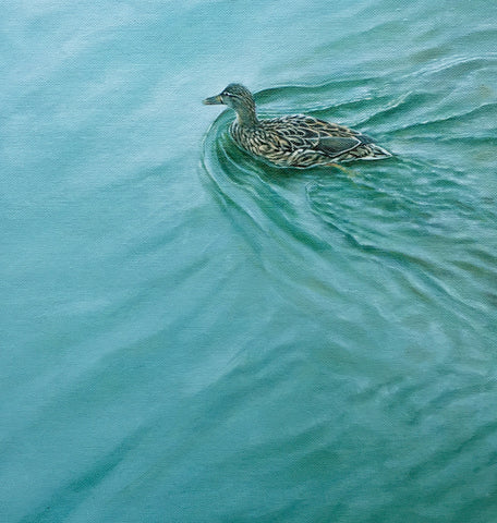'Mallard Duck on a pond oil painting by artist simon royer.'