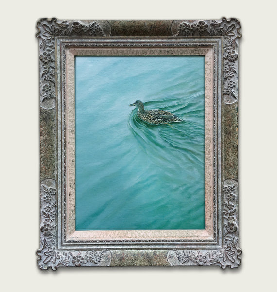 'Framed mallard duck on a pond oil painting by artist simon royer.'