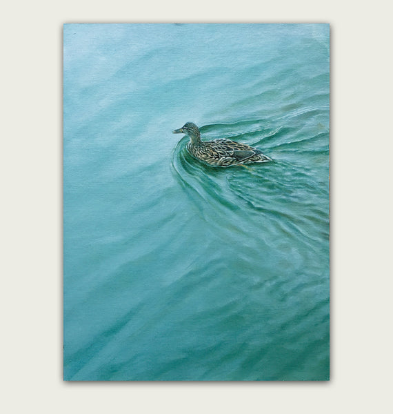'Mallard Duck on a pond oil painting by artist simon royer.'