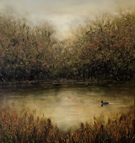 'Penpont Pond at dusk oil painting by artist simon royer.'