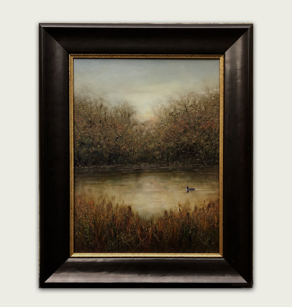 'Penpont Pond at dusk oil painting framed by artist simon royer.'